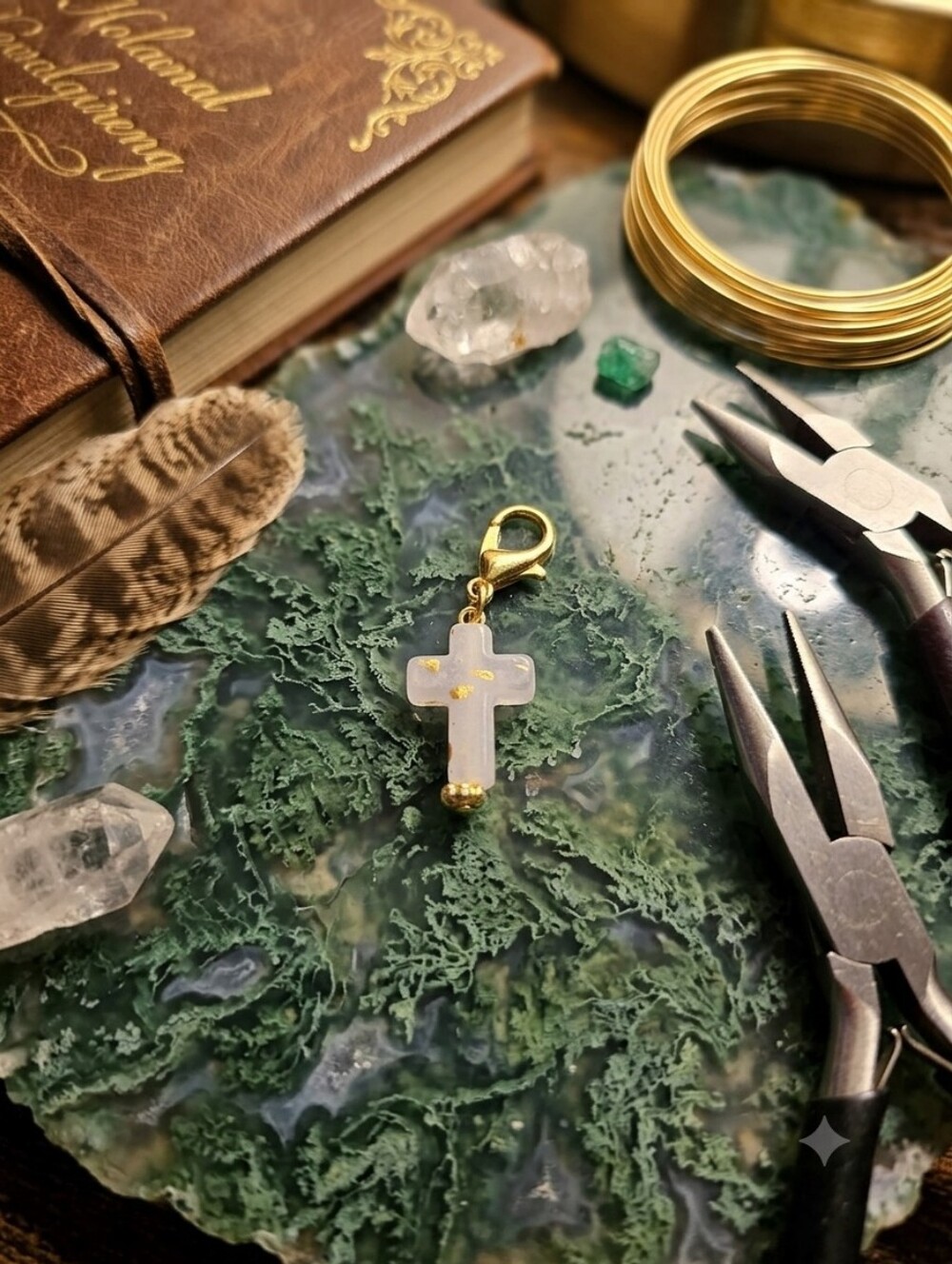 Gold-Accented Rose Quartz Cross Charm